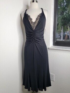 DAVID MEISTER Black Lace-Trim Ruched V-Neck Cocktail Dress NWT 10.